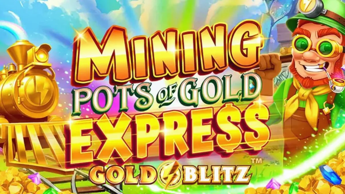 Lucky Lad Flynn berdiri di depan tambang emas dalam slot Mining Pots of Gold Express Gold Blitz