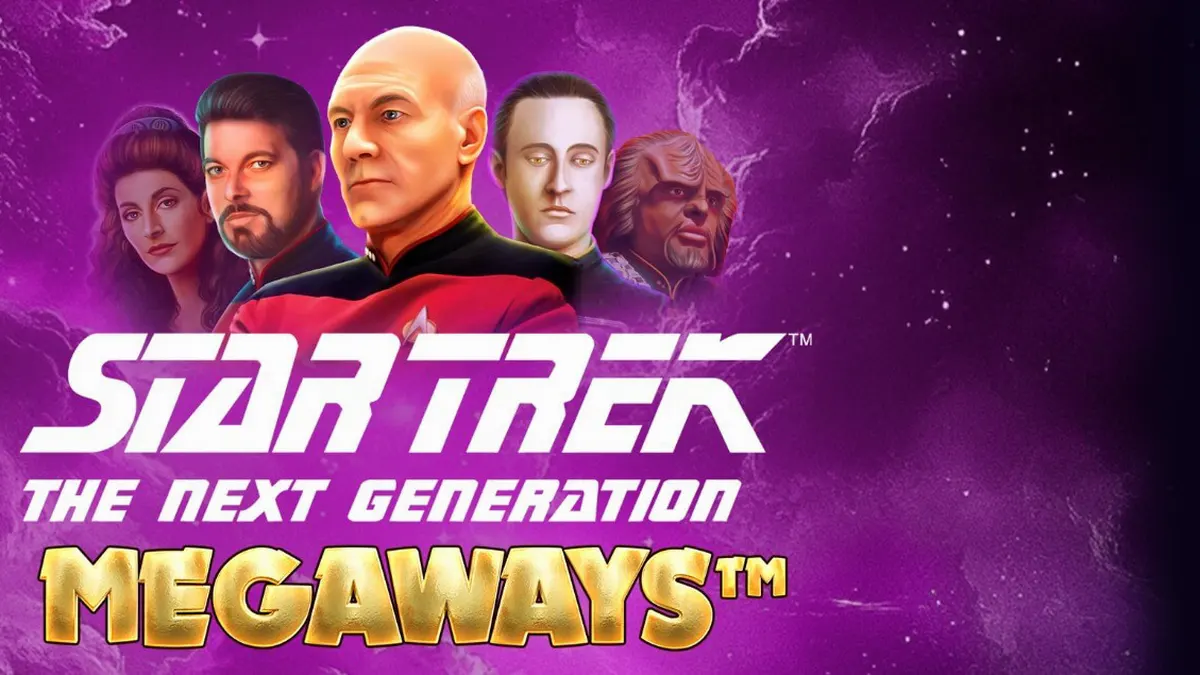 Tampilan antarmuka slot Star Trek: The Next Generation Megaways dengan latar belakang jembatan USS Enterprise-D