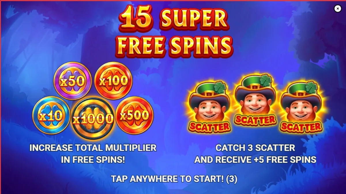 Tampilan visual slot Lucky Penny Power Scatter dengan tema hutan Irlandia dan leprechaun.