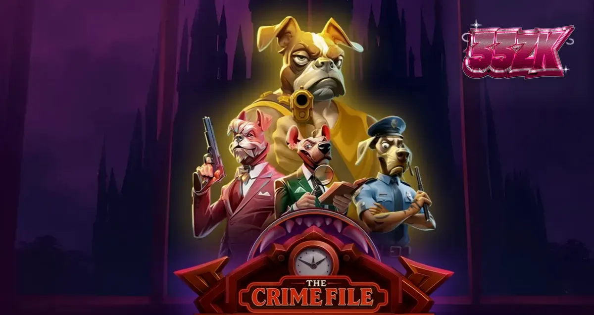 Tampilan visual noir dari slot The Crime File dengan detektif anjing dan latar kota hujan.